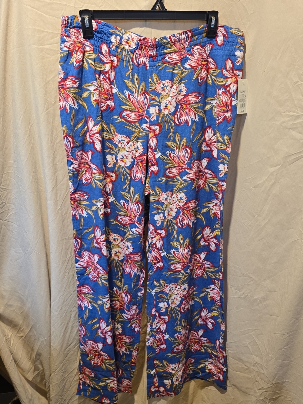 a new day Blue Floral Linen Wide-Leg Pants with Pink & Green Blooms